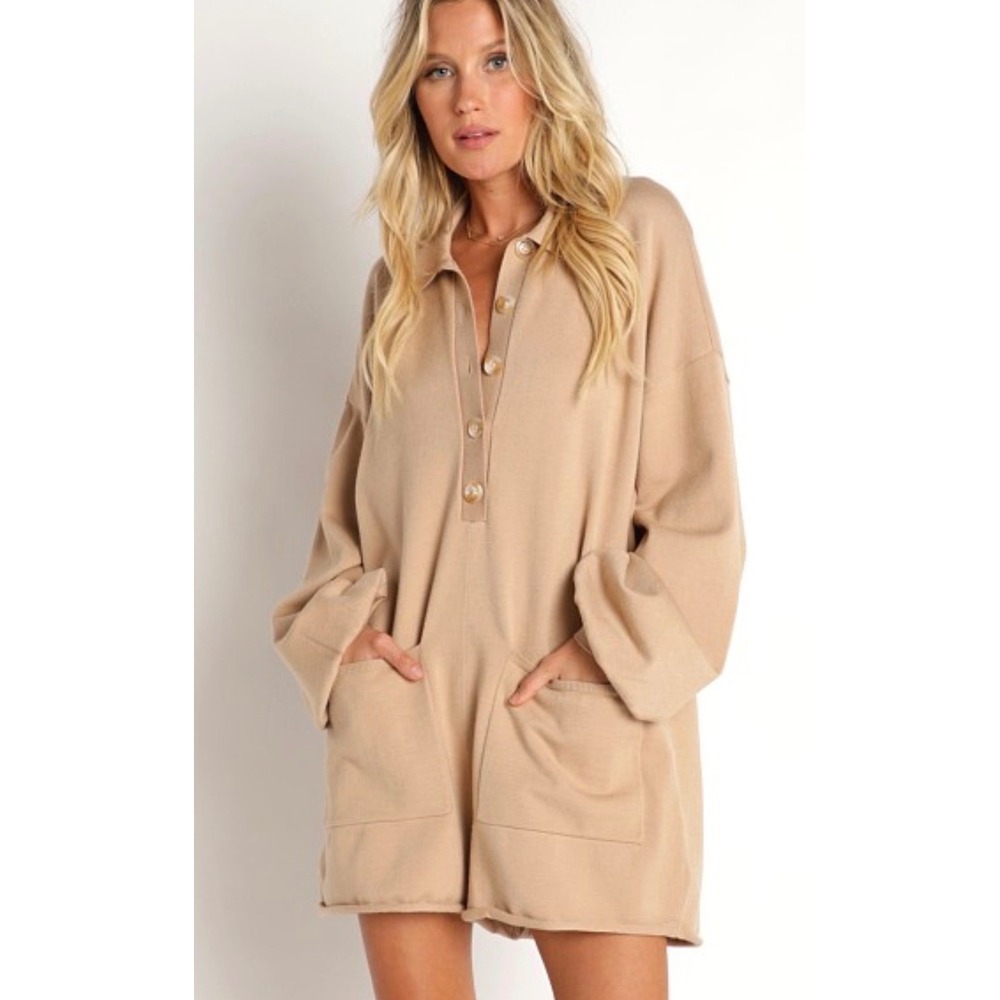 Show Me Your Mumu Romper Soft Tan Camel Knit Henley Button Front Pockets Large